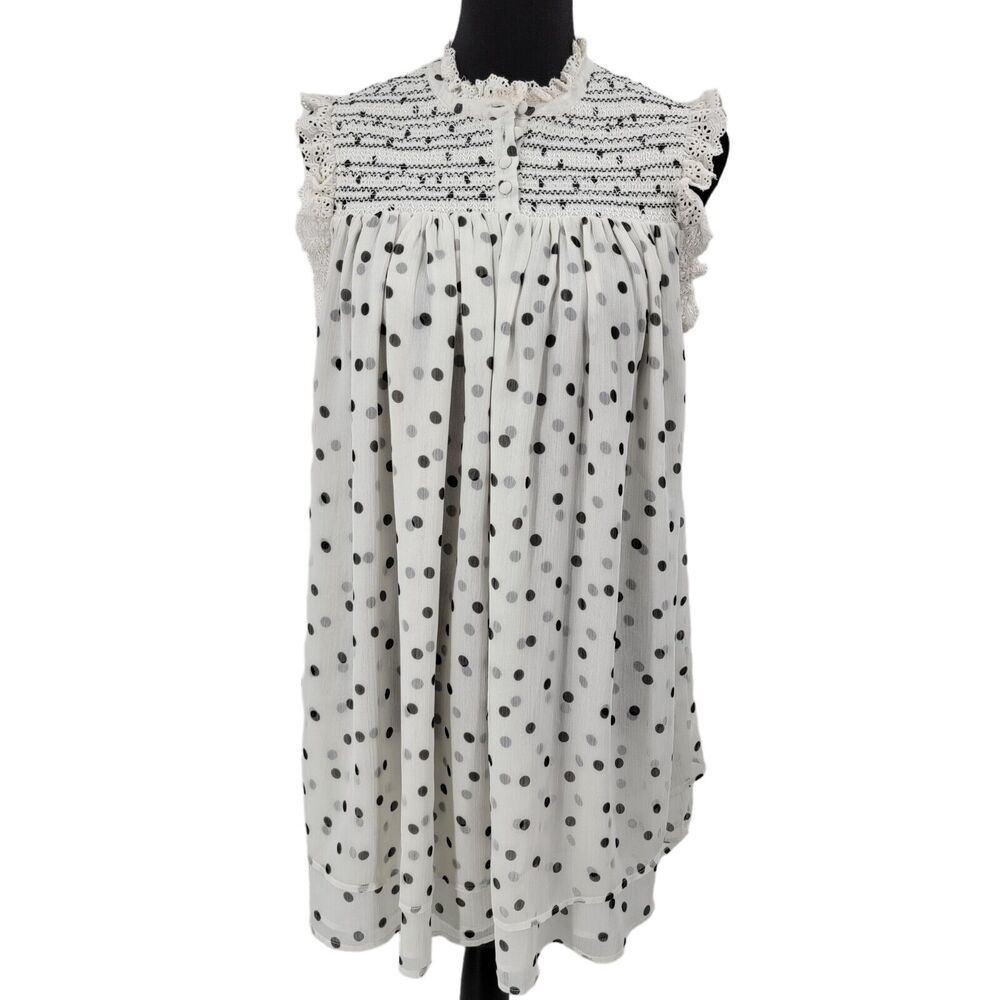 Tularosa Andora Babydoll Dress Women's Size XS Smocked Lined Polka Dot Lace Trim
